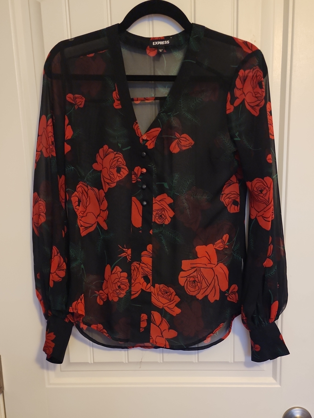 Express Women's Black Sheer Blouse with Red Rose Print